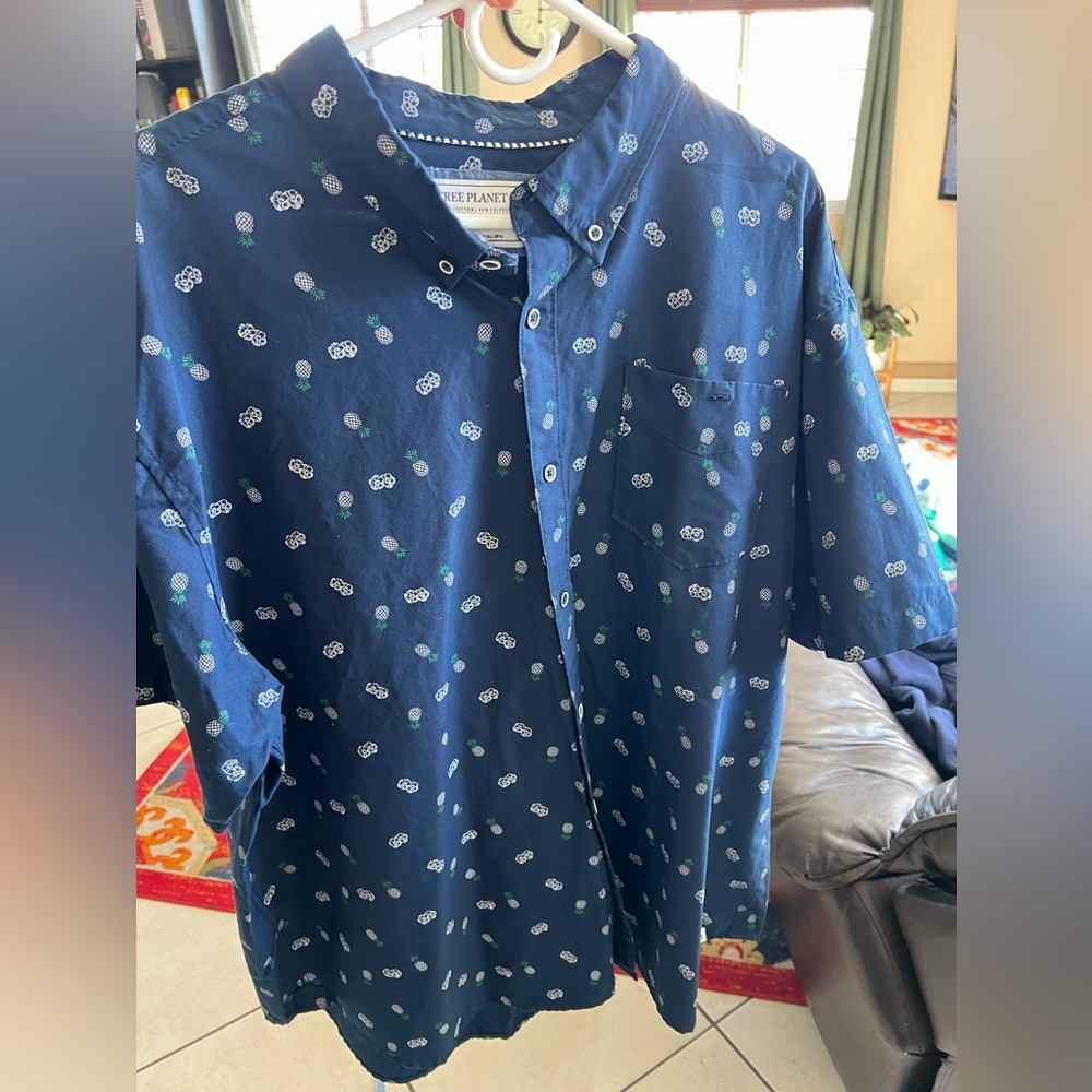 Free Planet Navy Button-Down Short Sleeve Shirt with Pineapple Motif